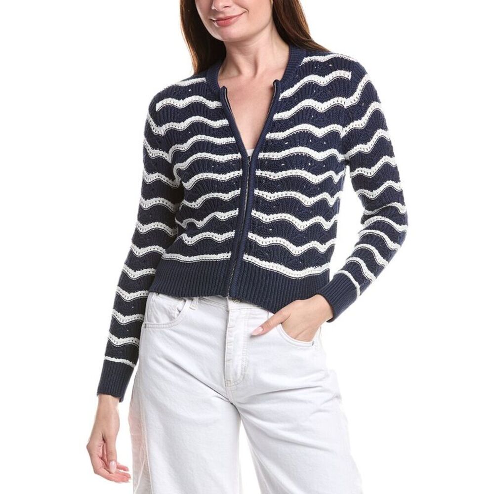 &Isla Womens  Eliza Pointelle Stripe Zip Bomber Jacket, Navy
